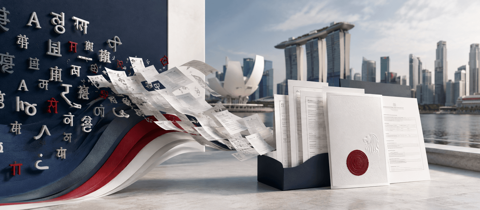 A stream of flying paper documents flows from a navy blue and red wall decorated with multilingual characters into organized official documents stamped with a red wax seal, set against the modern Singapore skyline featuring Marina Bay Sands under a bright, clear sky.