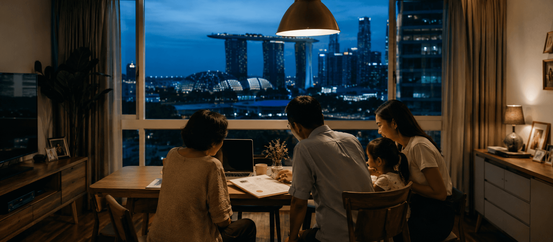 Pemandangan latar langit bandar Singapura pada waktu senja dengan motif Kad Pengenalan (IC) berwarna biru di bahagian hadapan, melambangkan proses permohonan Penduduk Tetap (PR)