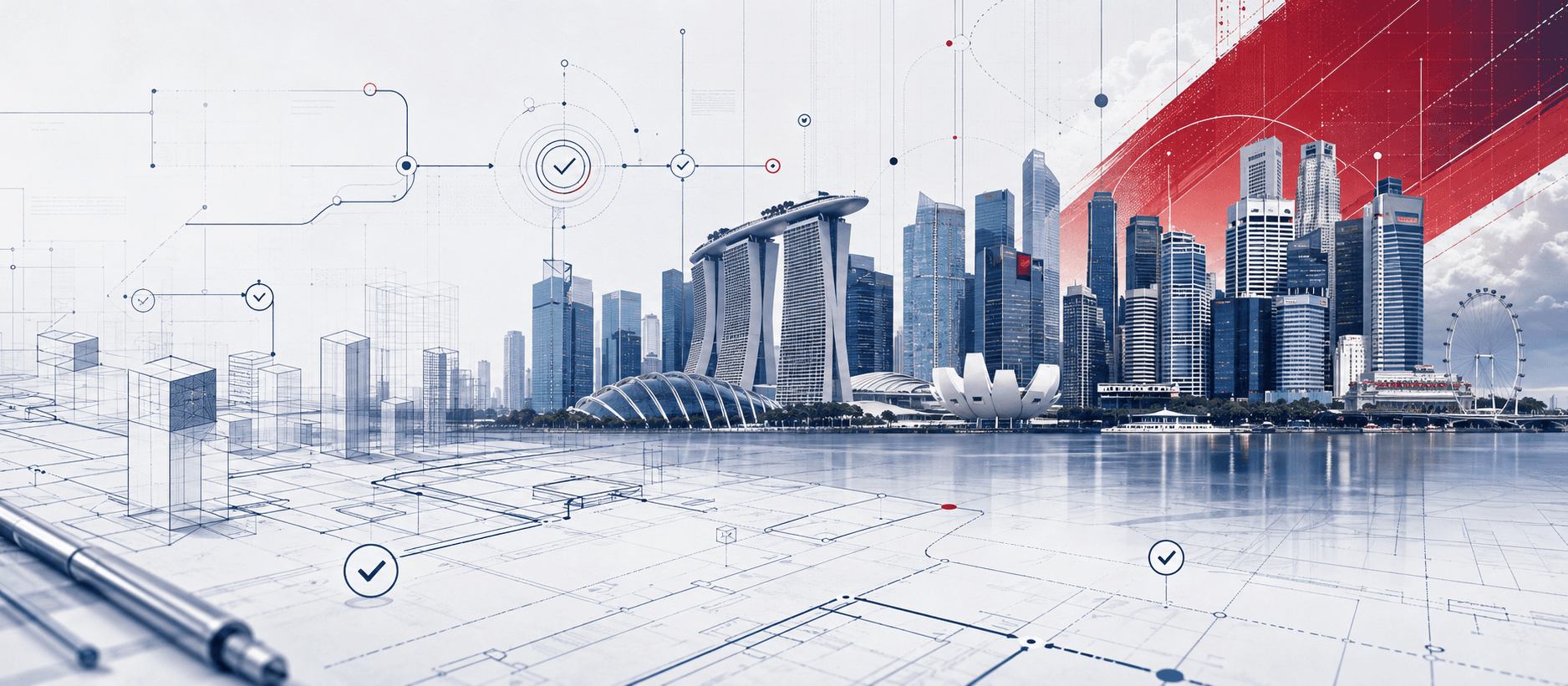 Pemandangan langit Singapura muncul daripada pelan seni bina laluan kelayakan yang saling berkaitan dan motif grid dokumen, dalam warna navy, putih dan merah Singapura, mewakili proses kelayakan kewarganegaraan Singapura.