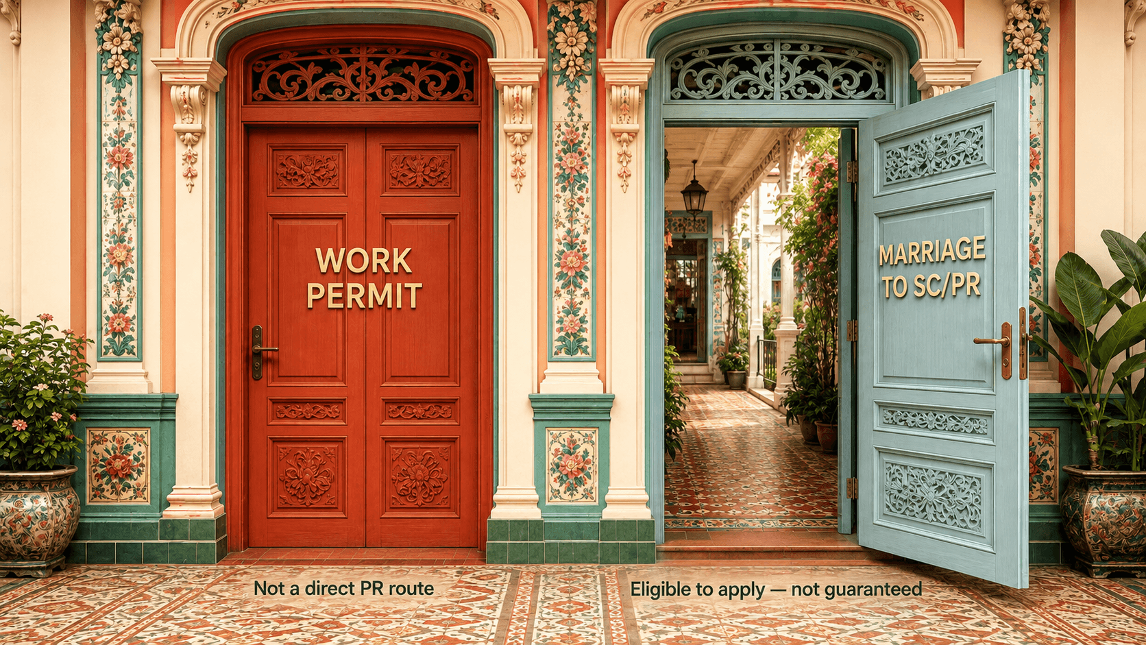 Dua pintu Peranakan berhias bersebelahan: pintu merah tertutup berlabel WORK PERMIT (bukan laluan langsung ke PR) dan pintu teal terbuka berlabel MARRIAGE TO SC/PR (layak memohon, tidak dijamin)