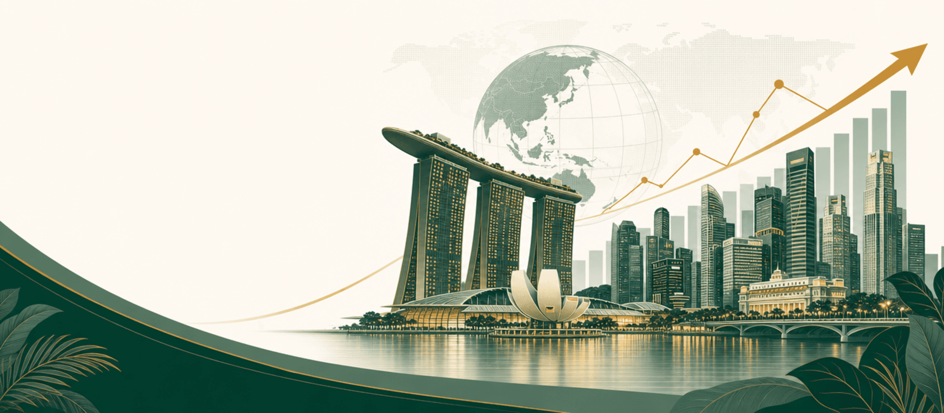 Ilustrasi editorial sudut rendah: langit-langit daerah kewangan Singapura dengan Marina Bay Sands, graf pelaburan emas yang menaik, glob dan peta dunia, dalam warna hijau hutan dalam dan emas